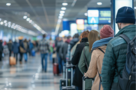 Stock photo of travelers in long lines at the airport.